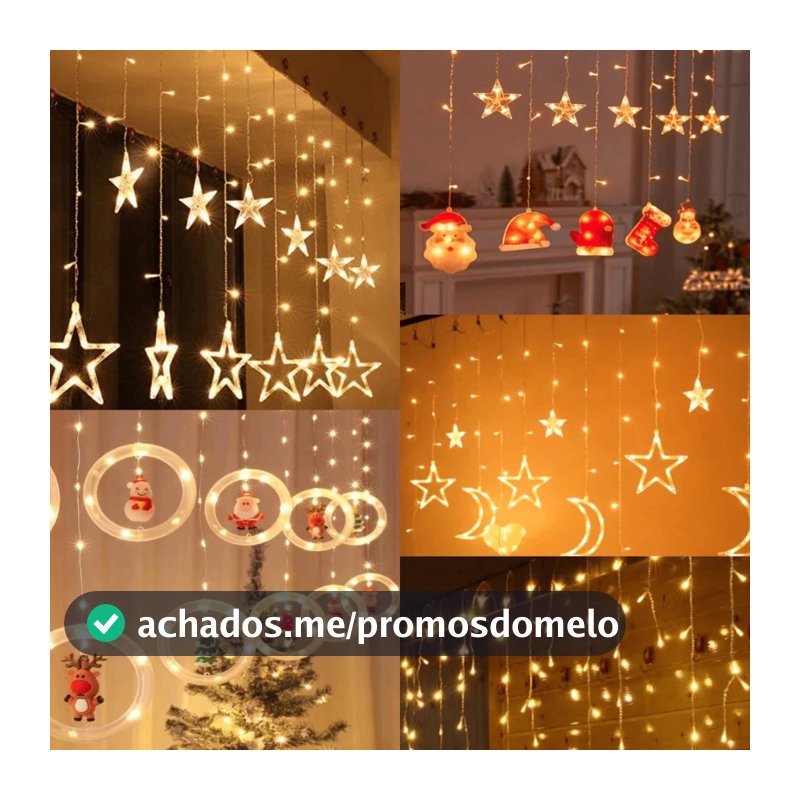 Decoração de Natal :3M Luzes de Cortina 110V-220V com Estrelas, Anéis e Cristais – Ideal para Árvore, Festas e Reuniões