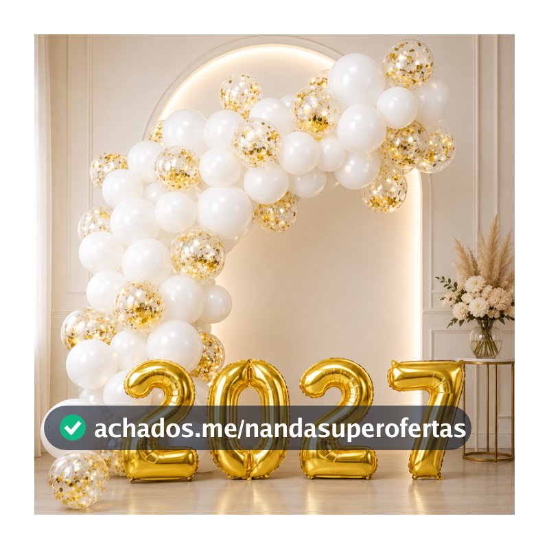 Kit Balão Bexiga Ano Novo 2027 + Numero Metalizado + Branco + Cristal Decoração