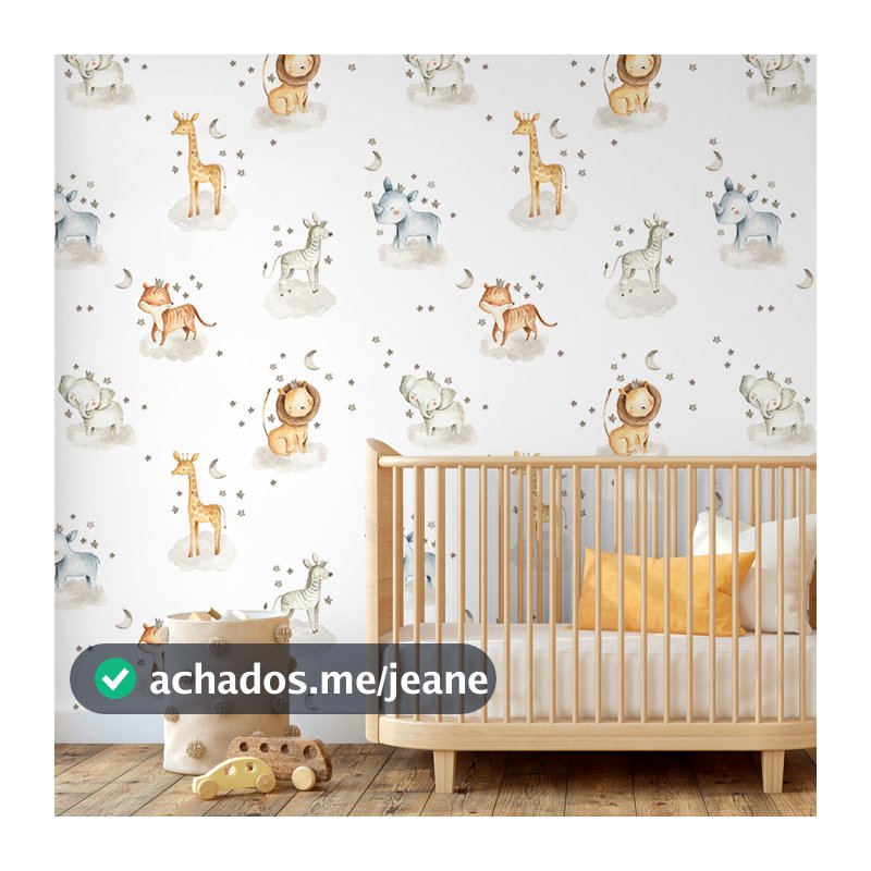 Papel de Parede Infantil Safari Aquarela Animais na Nuvem Quarto de Bebê Auto Adesivo Decorativo Leão Girafa e Elefante