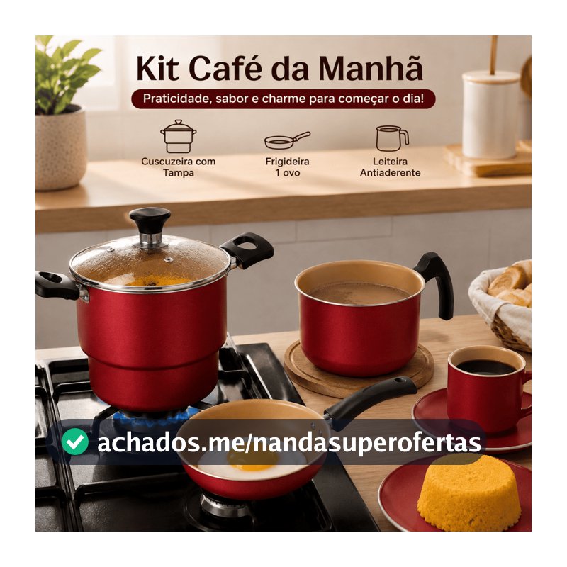 Kit Panelas Café da Manhã 3 Peças Cuscuzeira + Frigideira + Leiteira Antiaderente Cereja e Dourado