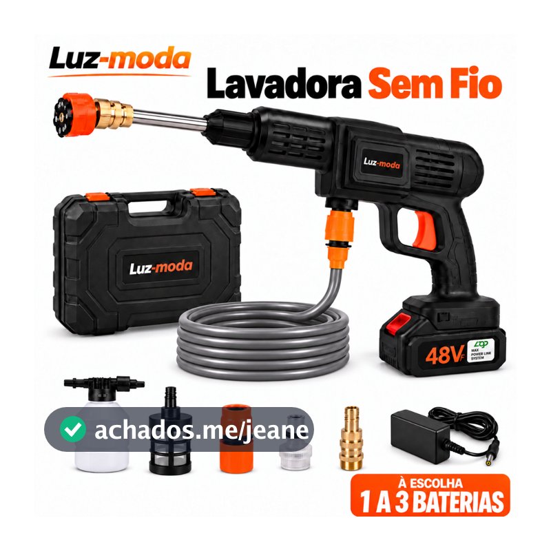 Lavadora de Alta Pressão Sem Fio Luz-moda 48V — Kit com Opções de 1, 2 ou 3 Baterias Recarregáveis