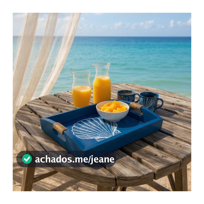 Bandeja Azul Concha Branca em Madeira 35x25 cm Decoração Náutica Praia