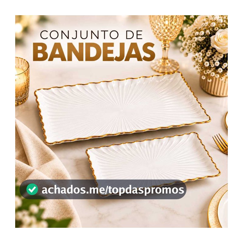 Kit 2 Bandejas Decorativas Brancas com Borda Dourada para Servir Doces, Petiscos, Frutas e Decorar Mesa de Jantar e Casa