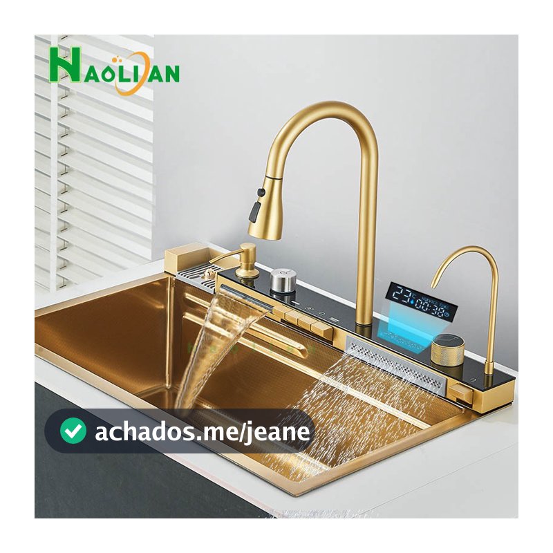 Kit Cuba Cozinha Gourmet Luxo Aço Inox 304 Ouro Fosco Com Acessórios Conjunto De Torneiras 75cm