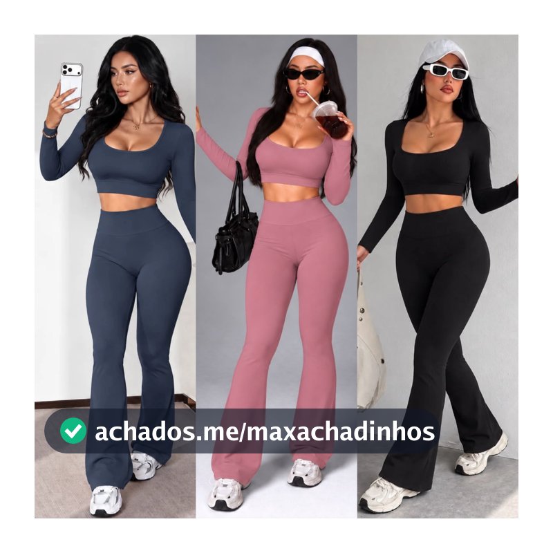 Conjunto Fitness Bailarina Top Manga Longa Legging Cintura Alta Modelo Flare Sem Transparência