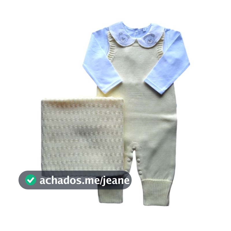 Conjunto saida maternidade URSO. 3 peças, jardineira, body e manta.  Menino.