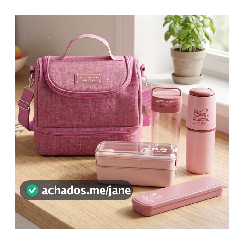 Kit de Bolsa Térmica c/ 2 Compartimentos, Copo e Marmita, Porta Talher e Porta Escova