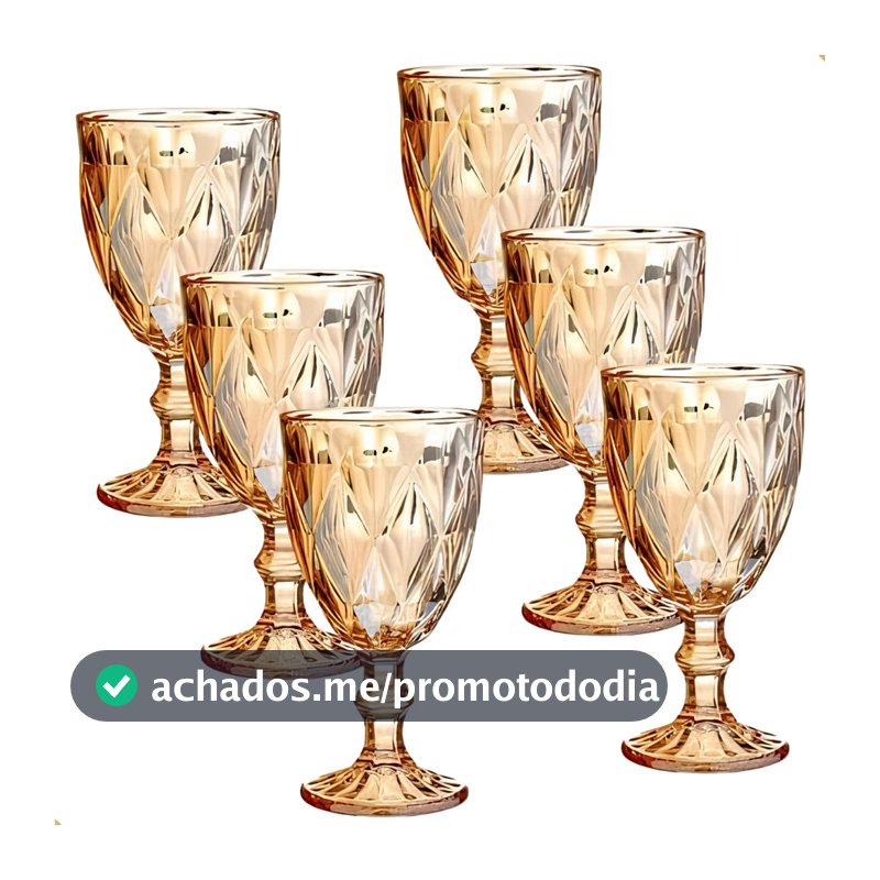 Jogo 6 Taças Diamond Bico De Jaca Dourado Azul Verde Furta cor Fume Água Vinho 330ml