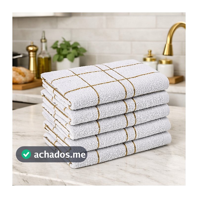 5 Pano Prato Cozinha Xadrez Branco c/ Dourado Grande Algodão Macio Laune Haus