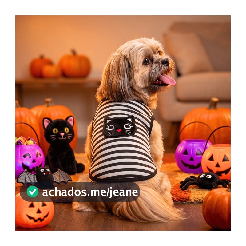 Regata Pet Halloween Listrada com Gatinho Preto | Roupa para Cachorro e Gato