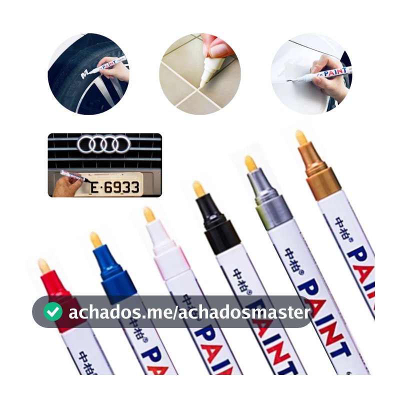 Caneta Paint Original Reparadora Pintura Automotiva Permanente Não Sai Na Água Tira Riscos Carro Moto Retoque de Placa Tênis Pneus para Ferro Metal Madeira Plástico Gesso Vidro Couro Tecido Cores Preto Branco Prata (Cinza) Dourado Azul Vermelha