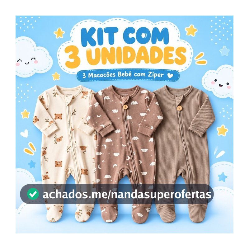 Kit 3 Macacão Roupas Bebê com Zíper 100% Algodão