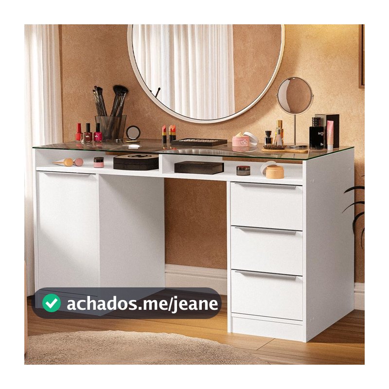 Escrivaninha Penteadeira 136cm 1 Porta 3 Gavetas Tampo de Vidro Branco Madesa