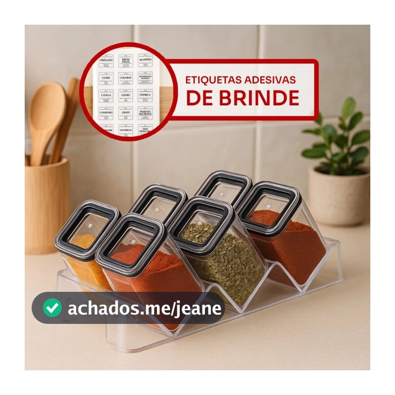 Kit Organizador de Temperos Porta Condimentos Pote Hermético 6 Potes 160 ml e 1 Suporte