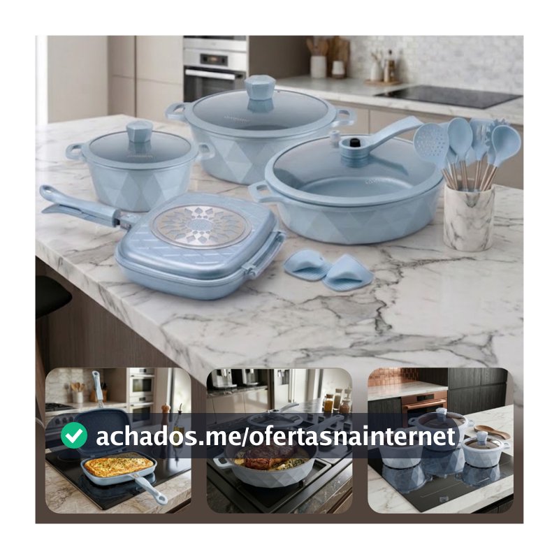 Jogo Panelas Completo 17 Peças Antiaderente Cerâmica com Acessórios Silicone
