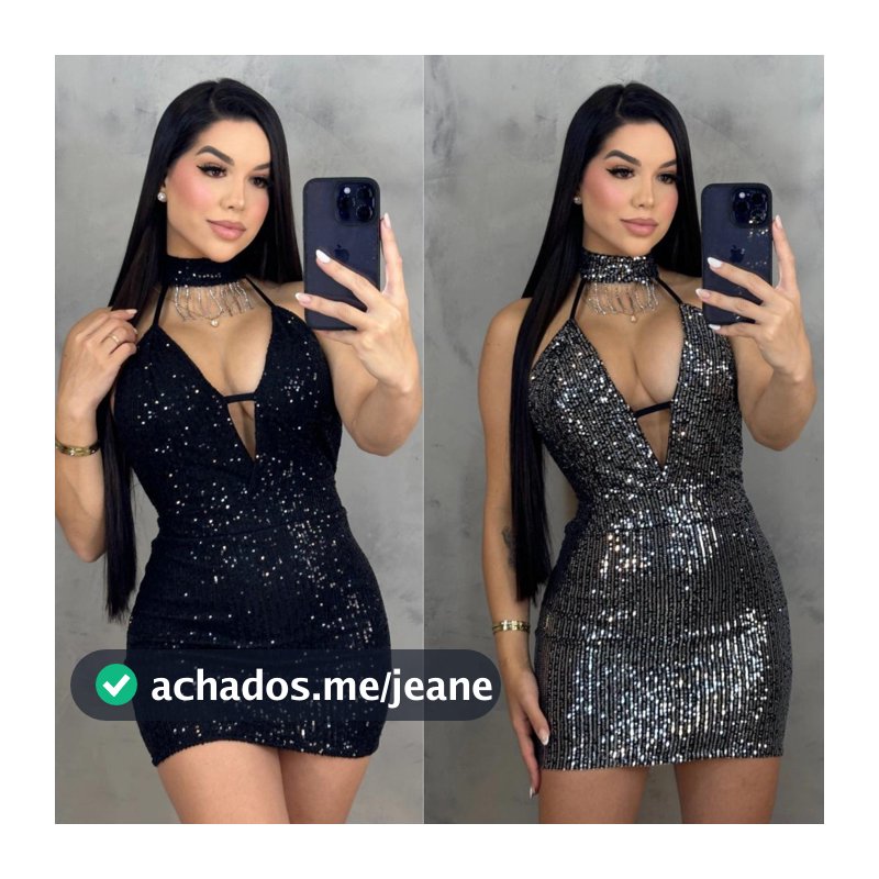 Vestido Paetê Decotado, Alça Fina C/ Gola Alta Franja de Strass, Decote com Bojo, Curto Coladinho Brilho Noite Balada