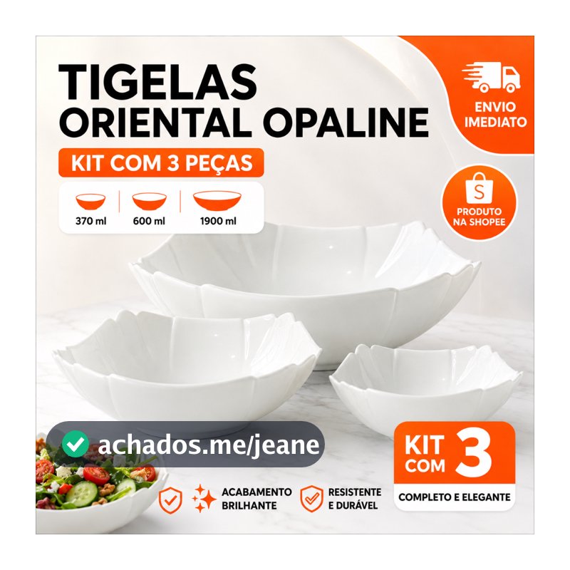 Jogo de tigelas 3 peças Oriental Vidro Opaline Temperado Travessas quadradas