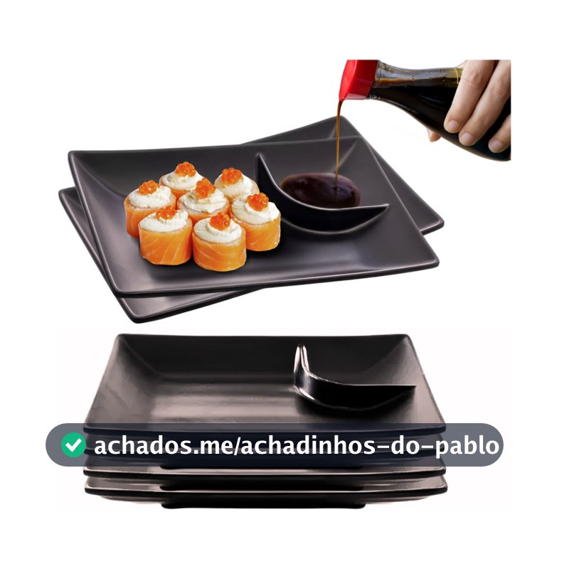 Kit Pratos Para Sushi Com Molheira Melamina Preto Retangular Comida Japonesa 19x12,5cm