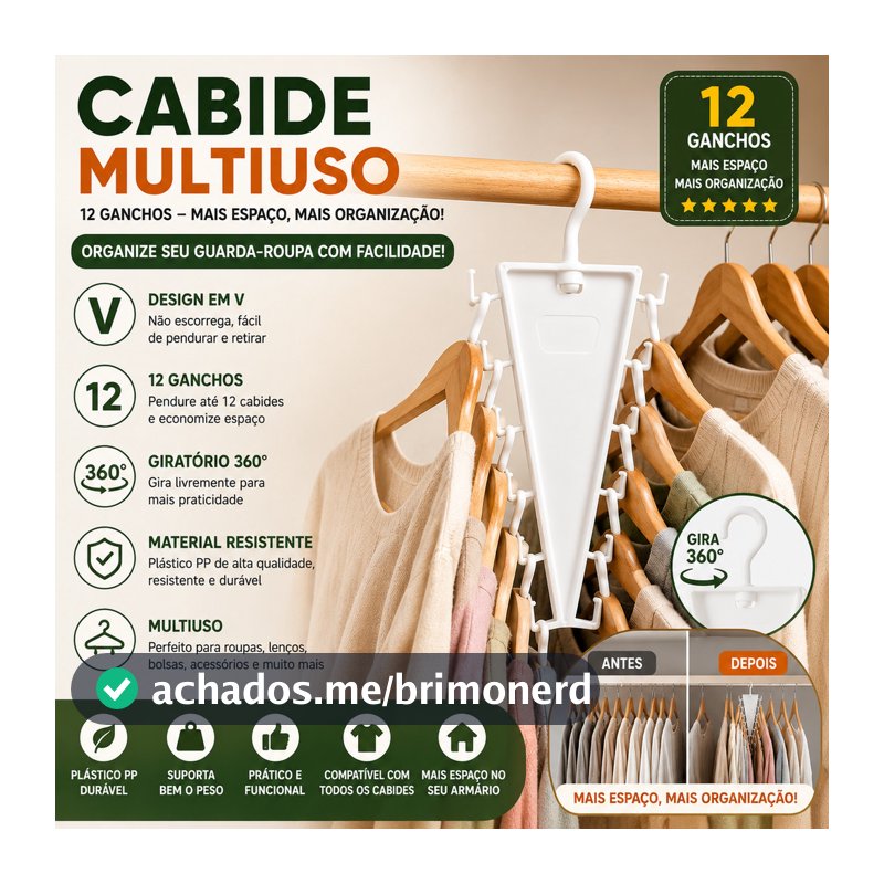 Organizador de Cabides em Forma de V de Dupla Face - Cabide Multi-Gancho que Economiza Espaço para Guarda-Roupa do Quart