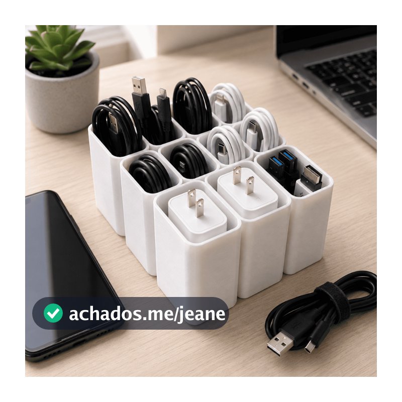 Organizador de Cabos USB e Carregadores com 11 Compartimentos para Mesa e Escritório