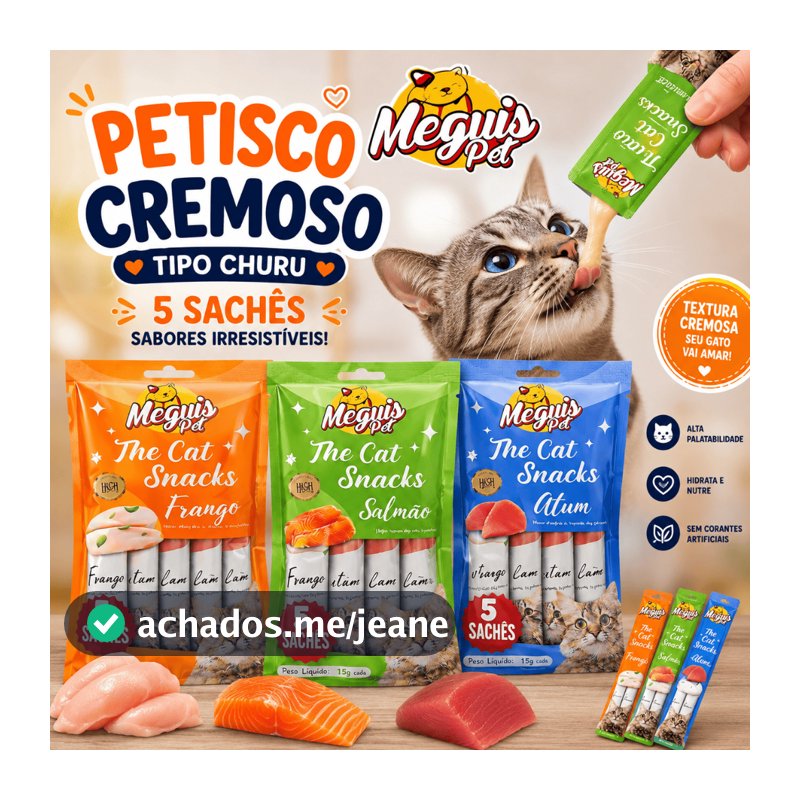 Petisco Cremoso para Gatos Tipo Churu 5 Sachês Sabores Frango Atum Salmão Snack Úmido Meguis Pet