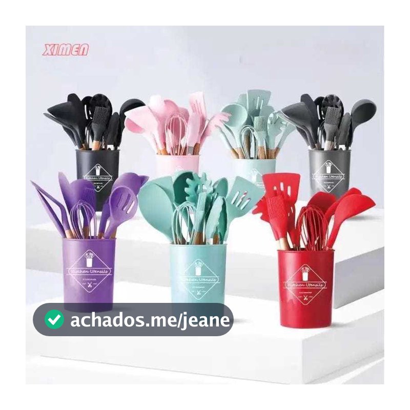 Kit 12 Utensílios Cozinha Jogo Espatula Silicone Cabo de Madeira