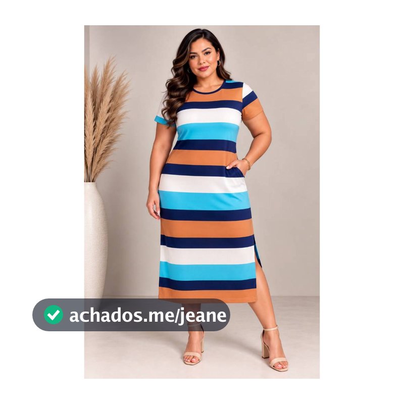 Vestido midi listrado moda evangélica com de bolso