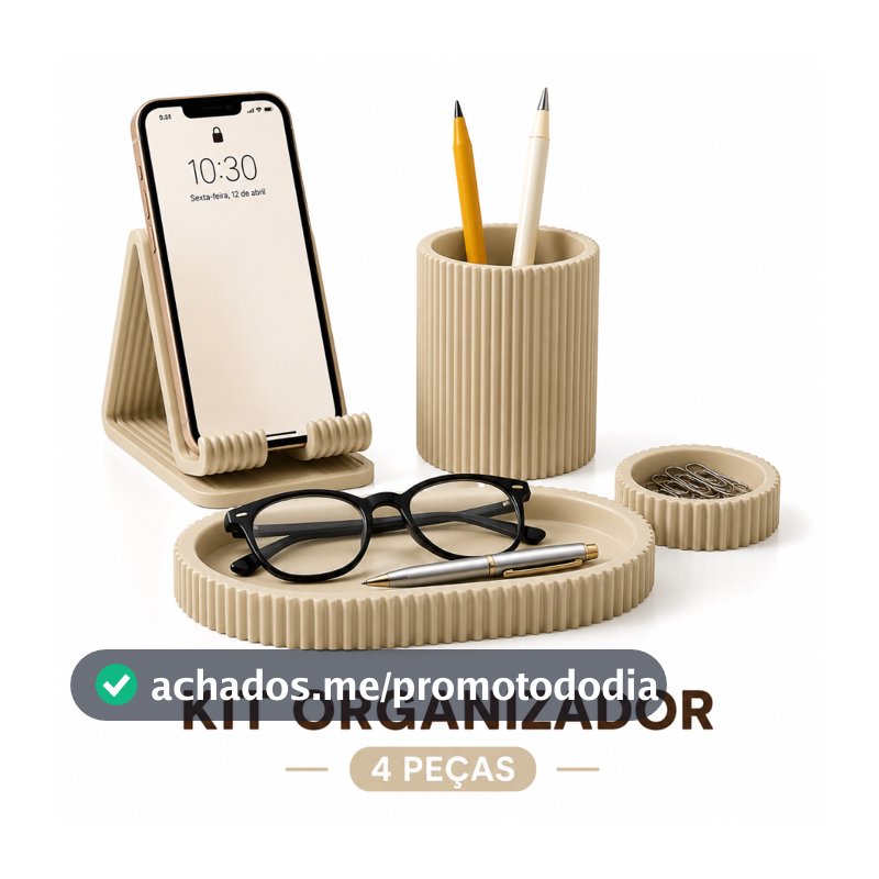 Kit Organizador de Mesa Escritório 4 Peças Porta Caneta Suporte Celular Bandeja Multiuso Porta Lápis