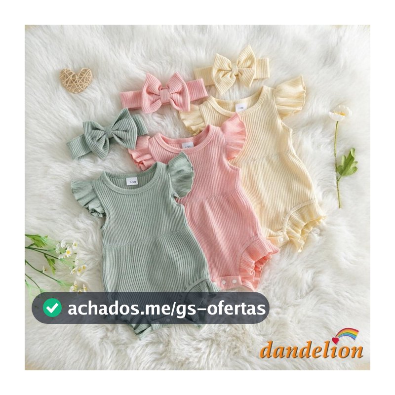 Bebê Recém-Nascido Menina Cor Sólida Roupa Manga Mosca Tripulação Pescoço Macacão Com Faixa De Cabelo Sólido Roupas De V