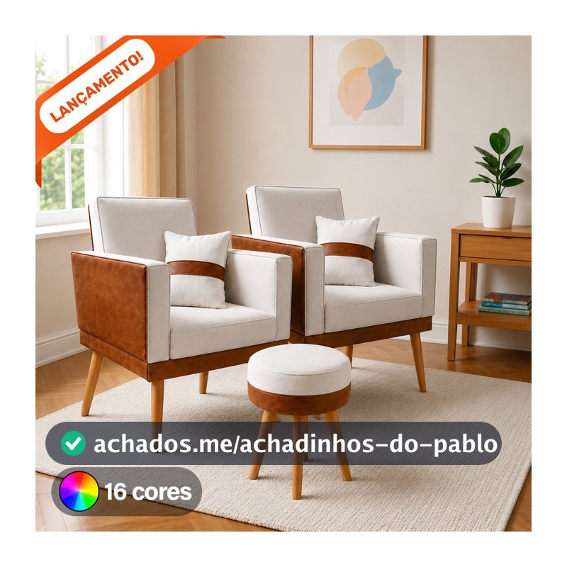Kit 2 Poltrona Decorativa Lis Almofada Puff Redondo Corino Peroba Suede Aninha Decor