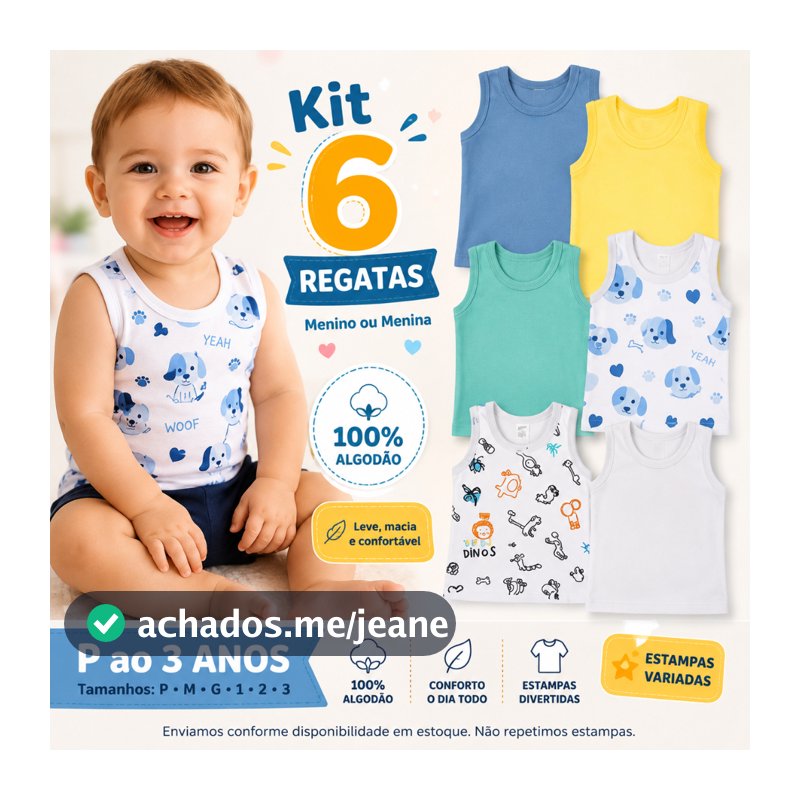 Kit 6 Camisetas Regata Bebê Infantil Menino Menina Roupa Infantil 100% Algodão P ao 3 Anos