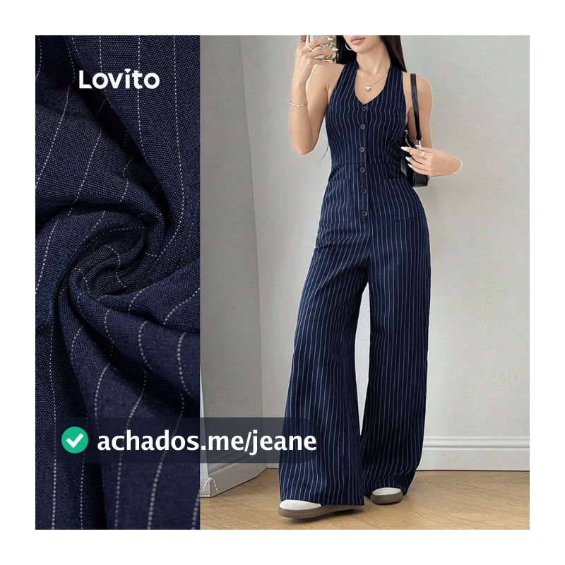 Lovito Elegante Macacão com Botões Primavera/verão Macacão Azul para mulheres L154LD157
