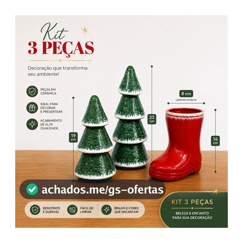 Kit Decorativo Natalino 3 Peças Enfeite De Natal Árvore Bota Mesa Posta Aparador Presente Casa Decorada