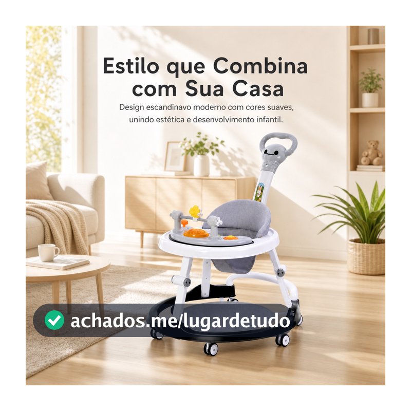Andador para Bebê com Centro de Atividades, 4 Alturas, Luzes e Sons, Dobrável com Guidão – Cinza