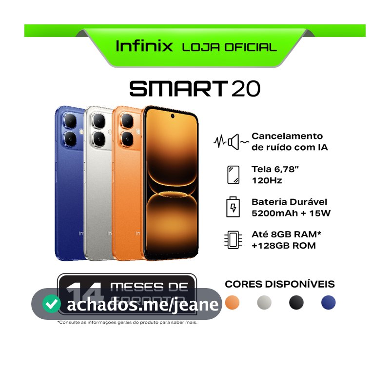 Smartphone Infinix Smart 20 128GB 4+4GB RAM IA Cancelamento de Ruído Tela 6,78" 120Hz Bateria 5200mAh IP64