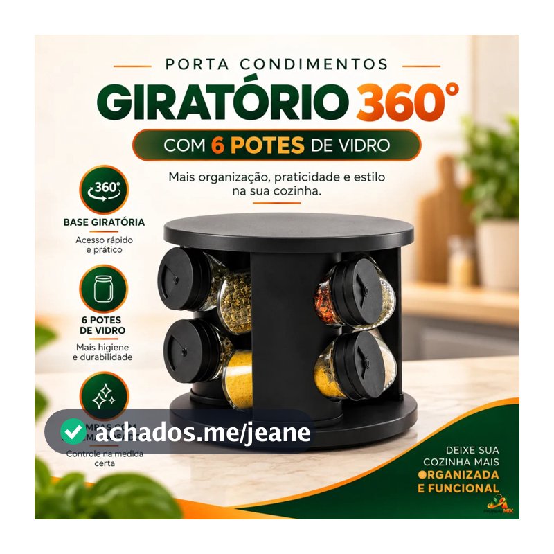 Porta Condimentos Giratório 360° com 6 Potes de Vidro e Tampa Dosadora