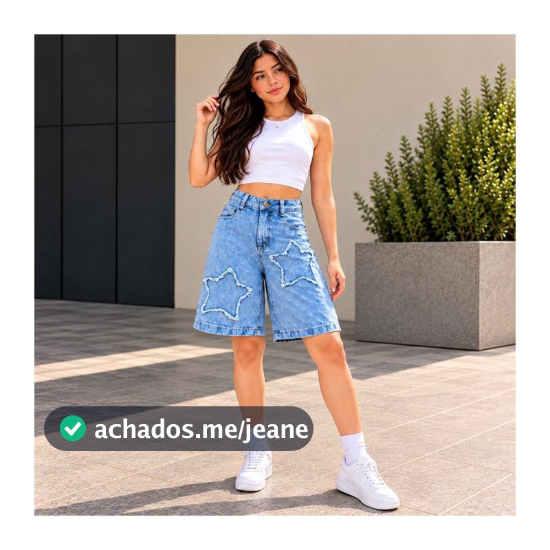 Short Jeans Baggy Juvenil Feminino com Estrelas Desfiadas Cintura Alta Moda Teen Estiloso