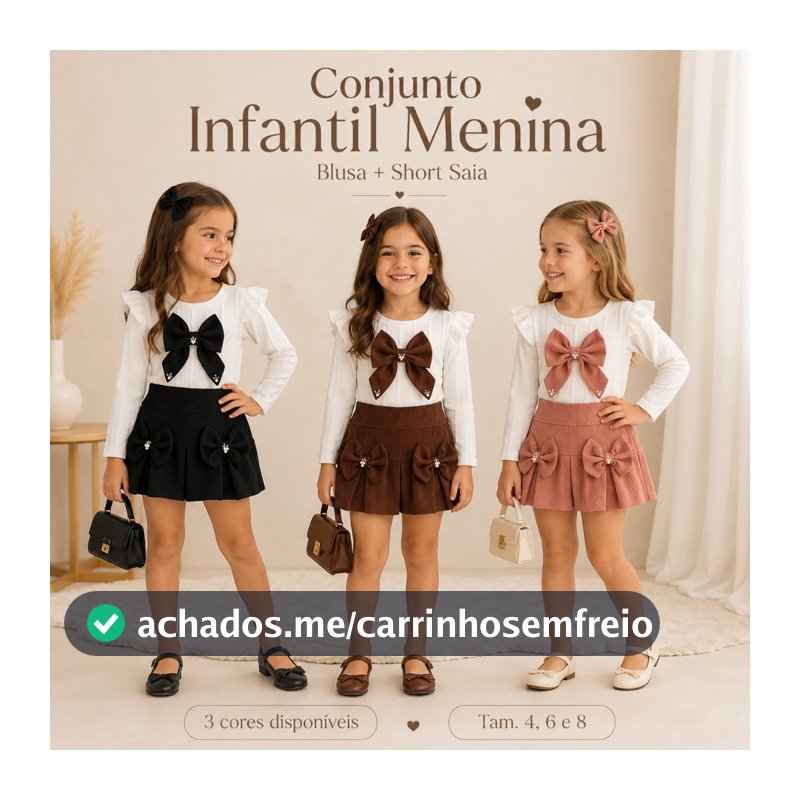 Conjunto Infantil Feminino Blusa Manga Longa com Laço e Short Saia Menina 4 6 e 8 Anos