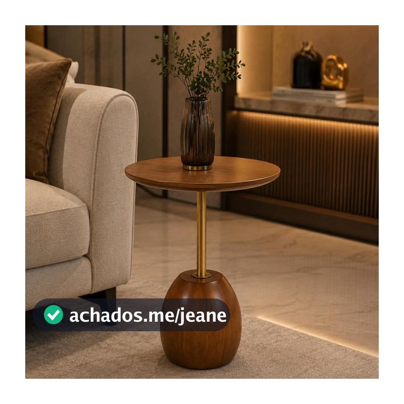 Mesa Lateral Madeira Maciça com Haste Dourada e Tampo Redondo 40cm Design Moderno  Mesa de Apoio Redonda Madeira Maciça