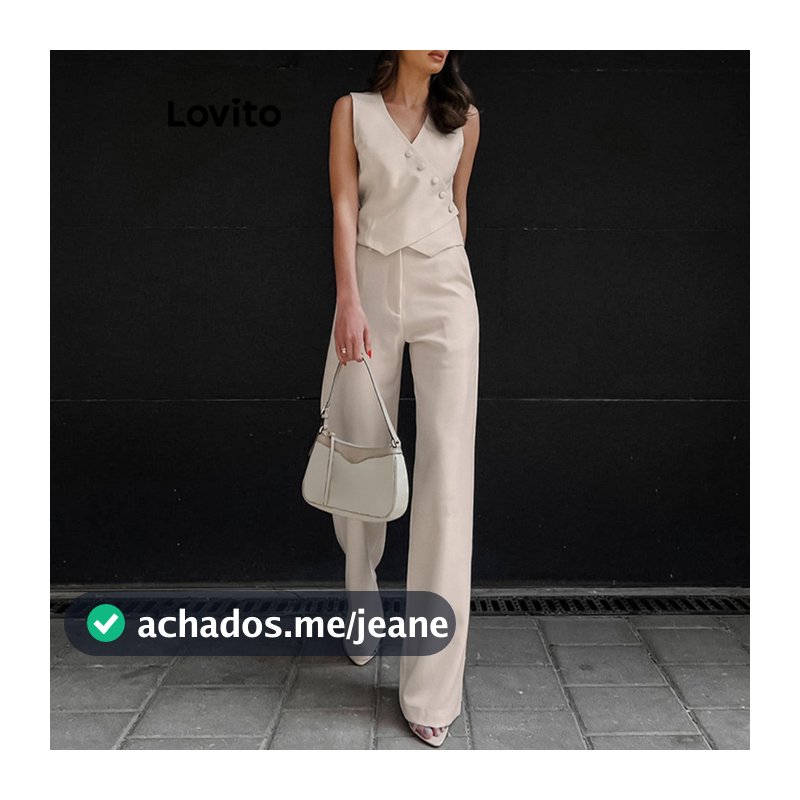 Lovito Elegante Conjunto De Tops Ou Calças Assimétricas Frontais Com Botão Liso Para Mulheres LNL35035 (Damasco/Preto)