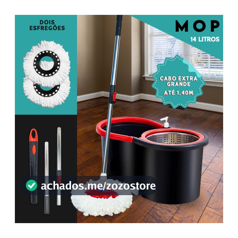Mop Girátorio Cleaner Profissional – Balde com Centrífuga 14L + Refil Duplo e Cabo Reforçado - MN