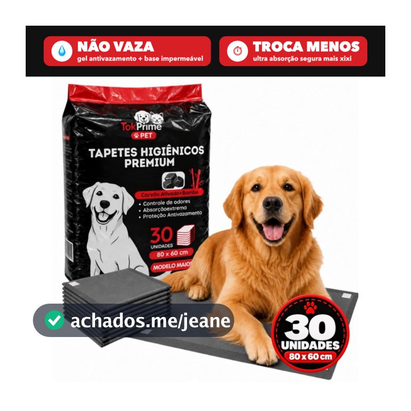 Tapete Higiênico Premium Tok Prime Pet 80x60 Carvão Ativado e Bambu 6 Camadas Kit 30 60 Unidades Cães Grande Porte