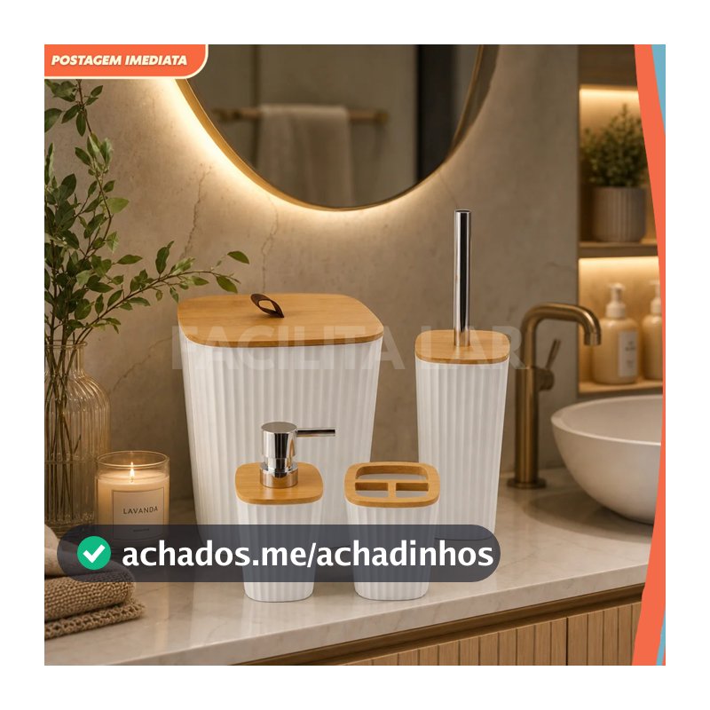 Conjunto de Banheiro Moderno 4 peças com Tampa de Bambu – Organizador Decorativo Elegante Branco ou Preto