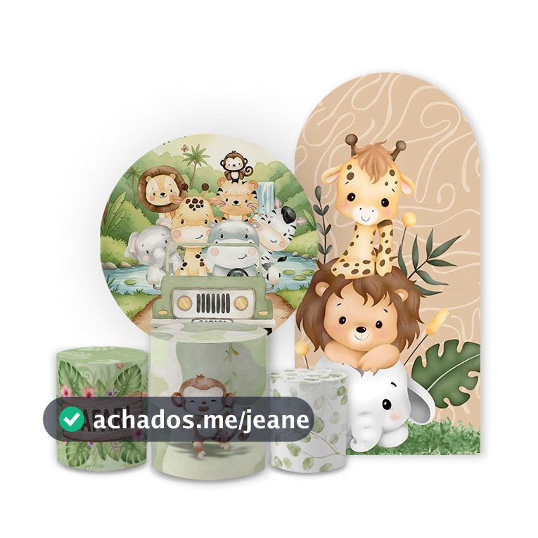 Kit Capa Painel Redondo de Festa + Capa Cilindros Malha Safari Animais Decorativo Bibi Paineis