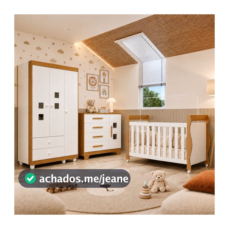 Quarto de Bebê Completo com Cômoda, Berço e Guarda Roupas Mila Branco/Amadeirado Branco/Amadeirado