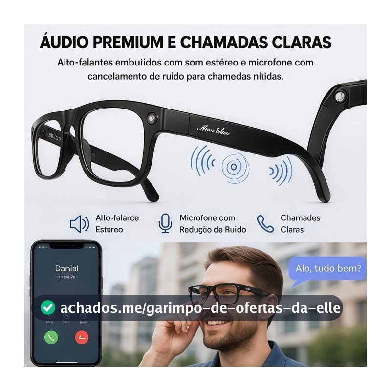Óculos Inteligente Bluetooth 5.4 Com lanterna HD Grava Áudio 16GB Assistente de Voz