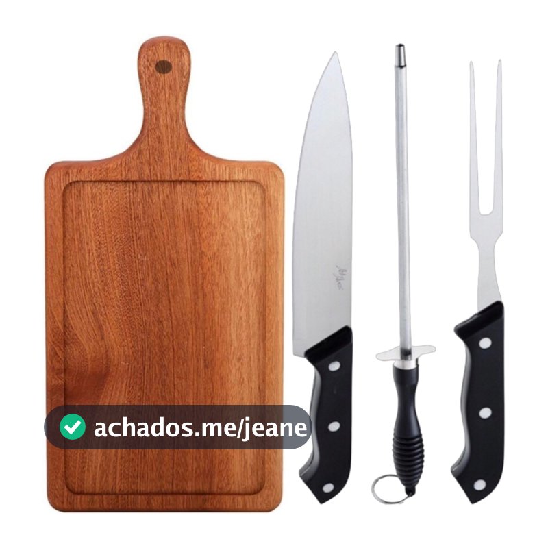 Kit Tábua de Churrasco Carne Madeira Faca e Garfo Conjunto Churrasqueiro