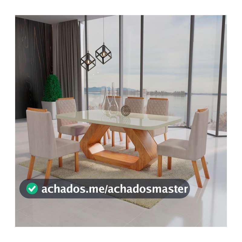 Sala de Jantar 180x90 Lottus MDF/Vidro 6 Cadeiras Bom Pastor