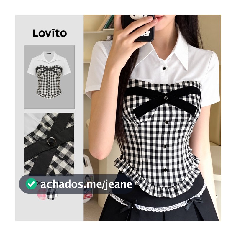 (New Arrival) Lovito Blusa Casual Gingham Fake 2 Em 1 Blusa Verão/Primavera Para Mulheres L117AD386