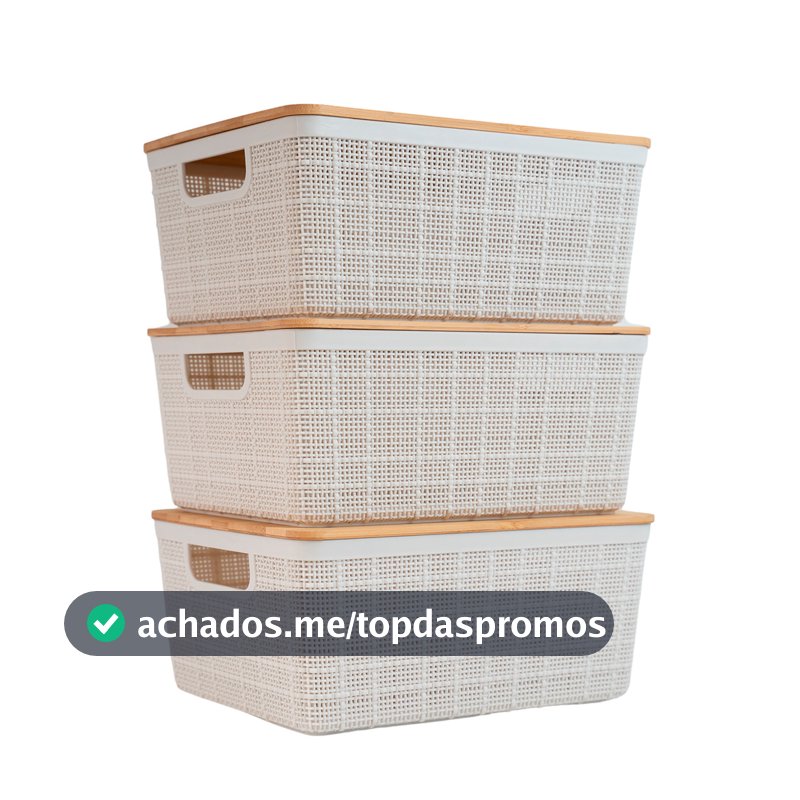 Kit 3 Caixas Organizadoras 4 Litros Brancas C/ Tampa Bambu Oikos